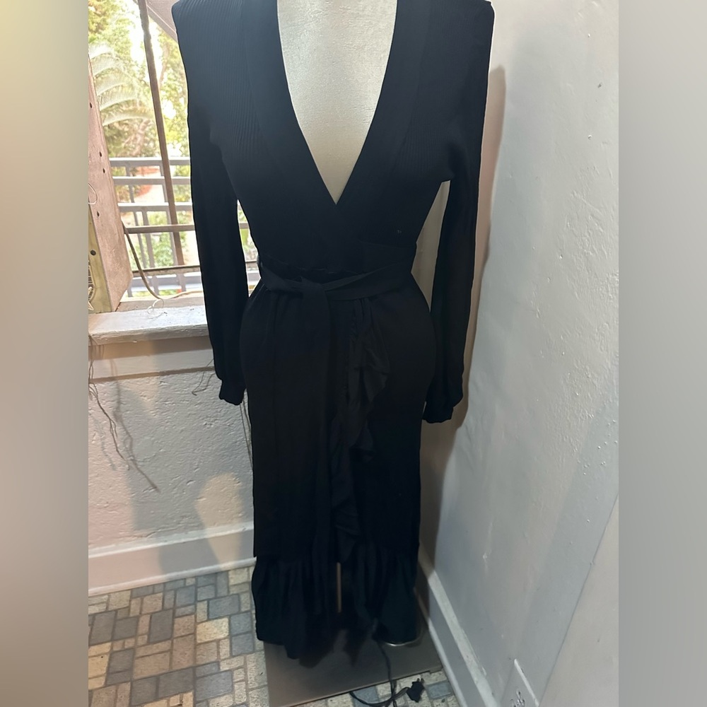 Zara Black Long Sleeve Dress with Ruffle Hem
